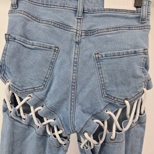 AKIRA Lace Up Jeans Light Wash Denim Skinny High Rise Women Size 5 W26 Edgy Punk